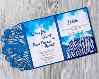 Modelo de convite svg para festa sob o mar e conjunto de cartão de lugar, convite de corte a laser triplo do oceano azul, convite de casamento com concha de praia