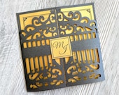 Iron gates svg wedding gothic invitation template cricut, 6x6 halloween retro doors gatefold invite with bellyband laser cut, papercut cameo