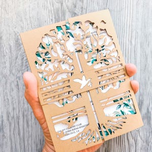 Vögel Baum Hochzeitseinladung Vorlage und Bauchband svg, Laser geschnitten Tortenfalz Cricut 13x18, Papierschnitt Cameo-Dateien dxf pdf ai cdr