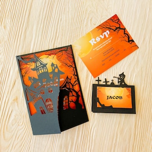Gothic old castle gatefold halloween svg invitation template, Cricut scary party, Papercut laser cut stencil silhouette cameo dxf ai pdf cdr