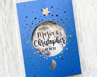 Cricut galaxy moon bröllopsinbjudan 5x7 svg mall gatefold, Celestial starry night, laserskuren babyshowerinbjudan, Silhouette cameo dxf