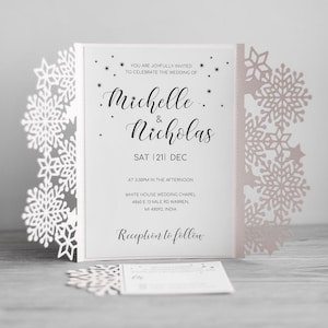 Plantilla de invitación de copos de nieve para Cricut, invitación de invierno en formato SVG con apertura plegable, invitación de fiesta de Navidad con nieve cortada con láser, invitación de Año Nuevo en formato cameo dxf