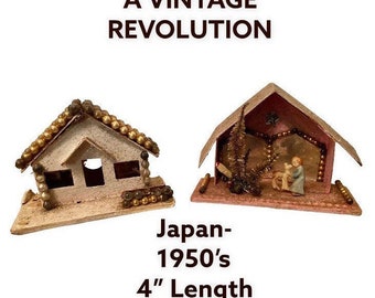 CHRISTMAS TINY HOMES  Glitter Papier Mache Pair Ornaments, Vintage Christmas, Japan Made at A Vintage Revolution