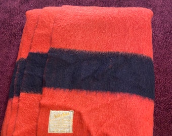 GOLDEN DAWN WOOL Blanket J C Penny- 90”x70” Vintage, Red with Black Stripes, Cabin, Rustic, Ranch Car Blanket at A Vintage Revolution