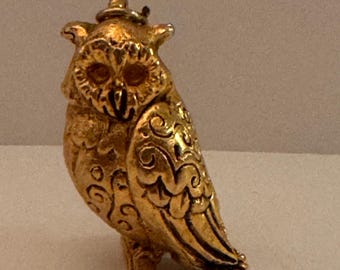 Owl Max Factor  Pendant, Vintage Costume Jewelry, Vintage Max Factor, Gold Tone Owl Perfume Pendant, Owl Rhinestone Eyes