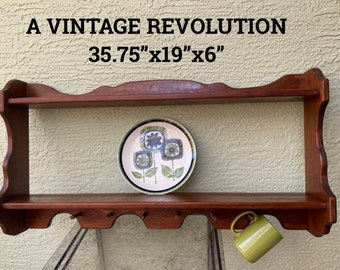 Wooden Wall Shelf with  6 Mug Holders & 2 Plate Holders Vintage 70’s  35.75” x 19”x 6” at A Vintage Revolution