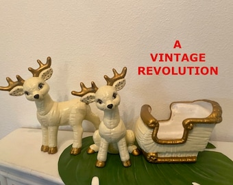 Christmas Reindeer Pair and Sled 1980s Handmade Ceramic USA Gold Off White Mantle Centerpiece Kimple Ceramic Mold at A Vintage Revolution