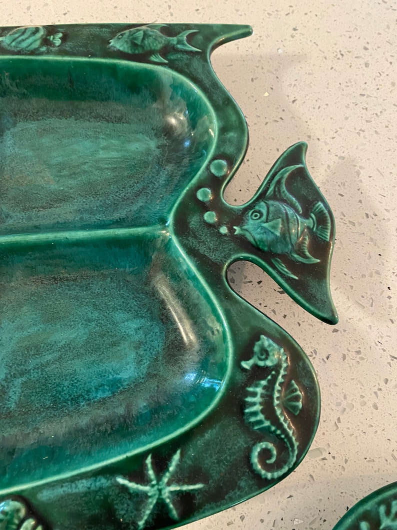 Party Tray Platter, Starfish, Seahorse, Fish, Vintage 1960s Ceramic Platter Blues and Greens at Modern Logic image 3