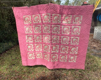 Vintage Quilt Pink and White Quilt Hand Quilted 1950s?  76”x62” approximately has flaws at A Vintage Revoltion