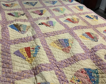 VINTAGE Grandma’s Fan Quilt, 1940s 1950s, Vintage Quilt, Summer Quilt, Granny Core, Wall Hanging or Spread at A Vintage Revolution