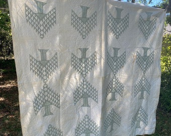 Vintage Quilt Green and White Quilt 1940s? Hand Quilted  a 67”x74” Approximately at A Vintage Revolution