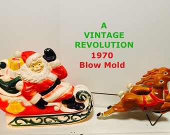 Vintage Santa on Sleigh with Reindeer Blow Mold Christmas Lighting, Window Light Yard Lighting Christmas Blow Mold at A Vintage Revolution