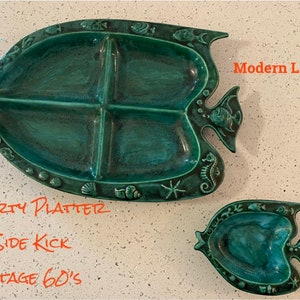 Party Tray Platter, Starfish, Seahorse, Fish, Vintage 1960s Ceramic Platter Blues and Greens at Modern Logic image 1