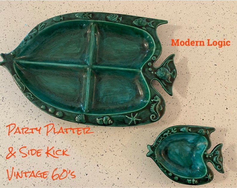 Party Tray Platter, Starfish, Seahorse, Fish, Vintage 1960s Ceramic Platter Blues and Greens at Modern Logic image 1