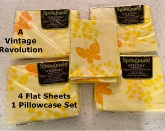 VINTAGE SHEETs TWIN Butterflies Orange Yellow Springmaid 4 Twin Flats PLUS Pair of Pillowcases