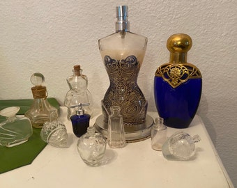 Vintage Four Large Apothecary Bottles Embossed  with Glass Tops