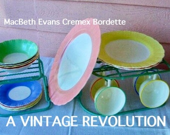 MacBeth Evans Cremex Bordette Ruffled Edge Milk Glass Pastel Dinnerware Set at A Vintage Revolution