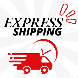 May include: Red truck with a clock above it and the words "EXPRESS SHIPPING" in black text. The truck has a white background with red and white stripes.