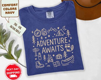 Adventure Awaits Comfort Colors T-Shirt: Mountain Hiker Camping Gift