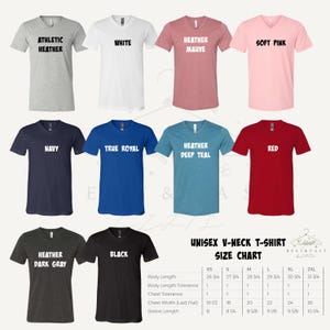 May include: A collection of unisex V-neck t-shirts in various colors, including gray, white, mauve, and pink. Each shirt has the color name printed on it. A size chart is also included, detailing measurements for sizes XS to 2XL.