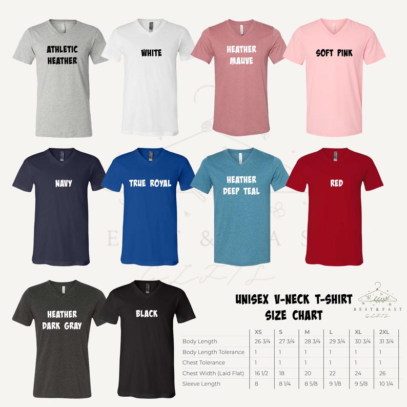 May include: A collection of unisex V-neck t-shirts in various colors, including gray, white, mauve, and pink. Each shirt has the color name printed on it. A size chart is also included, detailing measurements for sizes XS to 2XL.