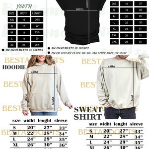 May include: Image features size charts for youth and unisex t-shirts, hoodies, and sweatshirts. Measurements are in inches, detailing width, length, and sleeve dimensions for various sizes, from XS to 5XL. The black t-shirt shows the width and length measurements.