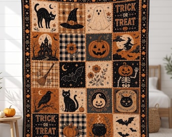 Halloween Quilt Blanket, Black Cat Ghost Pumpkin Throw, Spooky Bedding Decor, Vintage Patchwork Blanket, Cozy Fall Halloween Home Decor