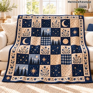 Personalized Moonlit Quilt Blanket, Custom Celestial Moon and Stars Patchwork, Pine Forest Floral Bedding