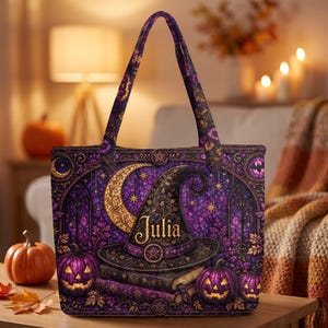 May include: A purple tote bag featuring a graphic print of a witch hat resting on stacked books, surrounded by jack-o'-lanterns, stars, and a crescent moon. The name Julia is printed in gold lettering on the front of the witch hat. The design includes intricate patterns and pentagram symbols in shades of purple, gold, and black.