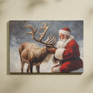 Arte de parede de Papai Noel e Renas, Tela de Papai Noel, Presente de Natal, Impressão de pintura de Natal, Pôster de Papai Noel, Arte de parede de veado