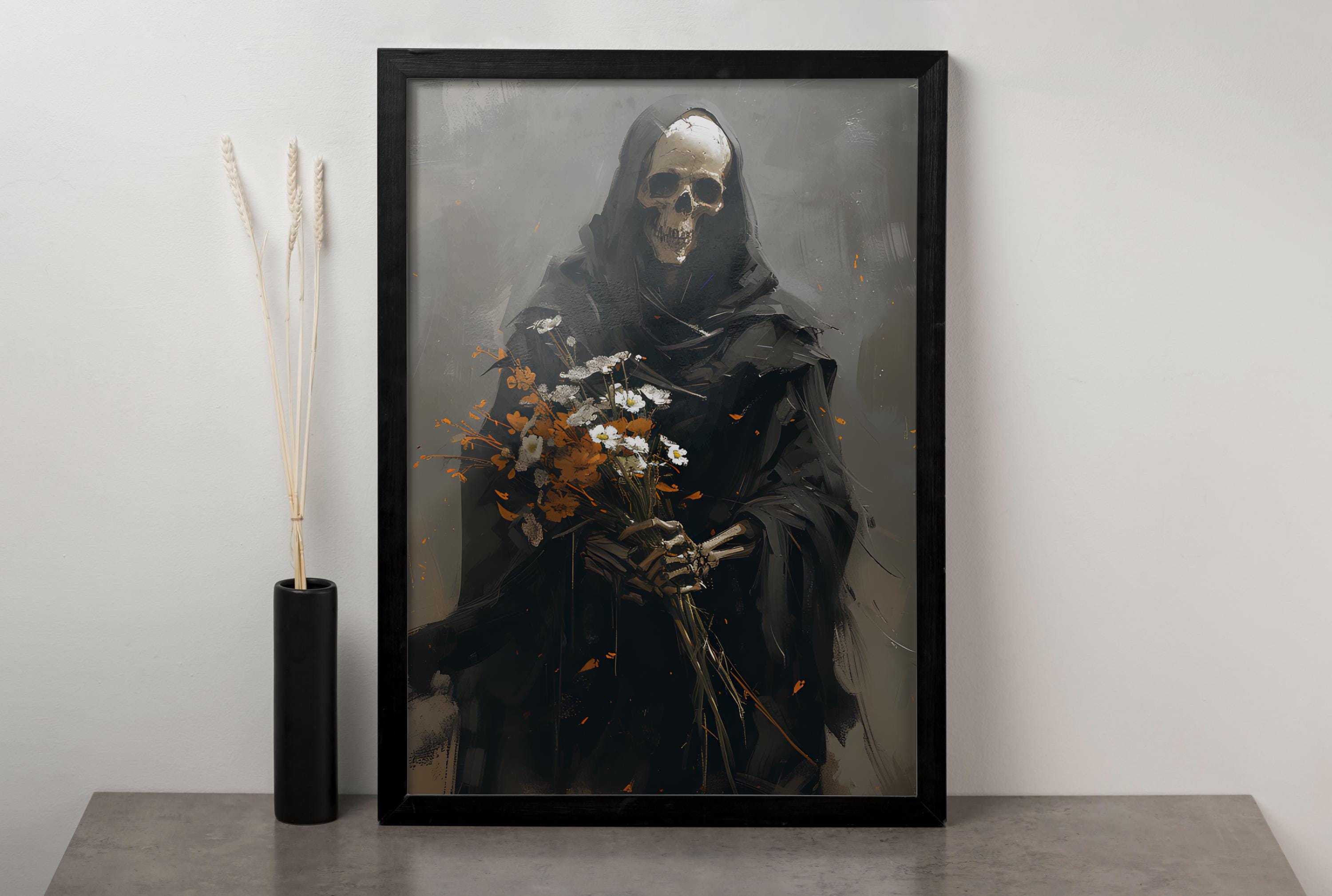 Skeleton Holding Flower Art, Flowery Grim Reaper Wall Decor, Halloween Gift, Halloween Poster, Halloween Wall Decor, Halloween Skeleton Art