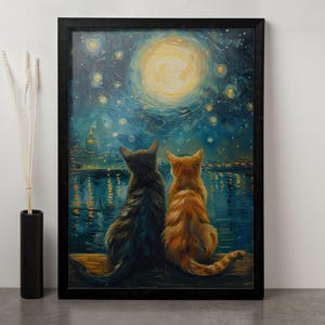 Sternenklare Nacht Katzen Poster, Katzen Wandkunst, Sternennacht Druck, Die Sternennacht Leinwand, Sternenklare Nacht Parodie Poster, Süßes Tier Wanddekor