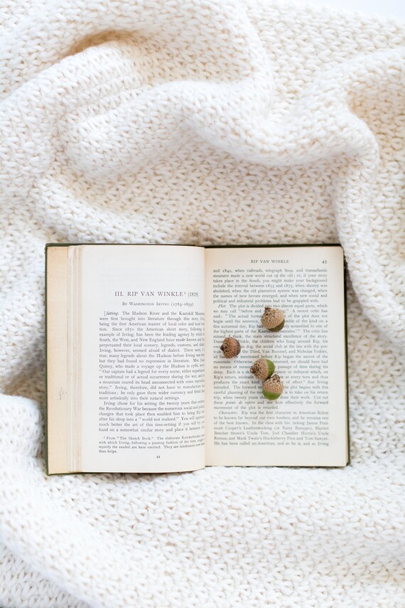Autumn Styled Layflat Blog Stock Mock Up Image Cream Knit Blanket With Antique Book And Autumn Acorns - 
