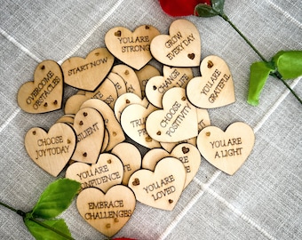 Positive wood Heart shaped Affirmation Tokens, Encouraging Saying Tags, Motivational Inspiring Pocket Tokens, Uplifting Phrases Heart Tokens