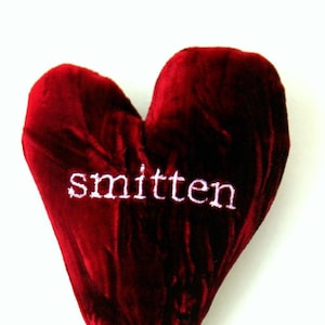 6 inch Heart Pillow Sachet - &#39;smitten&#39; Embroidered Sentiment Crushed Velvet