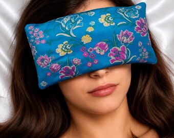 Almofada para os olhos Luxe Serenity - Seda e veludo - Feita à mão nos EUA - Relaxamento, ioga, meditação, aromaterapia - Lavanda opcional - Turquesa floral