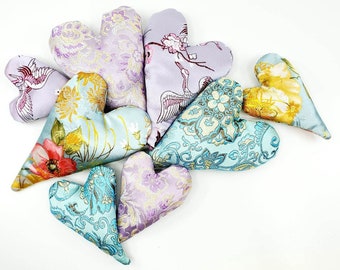 Satin Brocade Heart Sachet Pillows - 4&quot; or 6&quot; - Handmade Lavender - Optional Flaxseed Fill - Custom Embroidery - Wedding Favors, Gifts