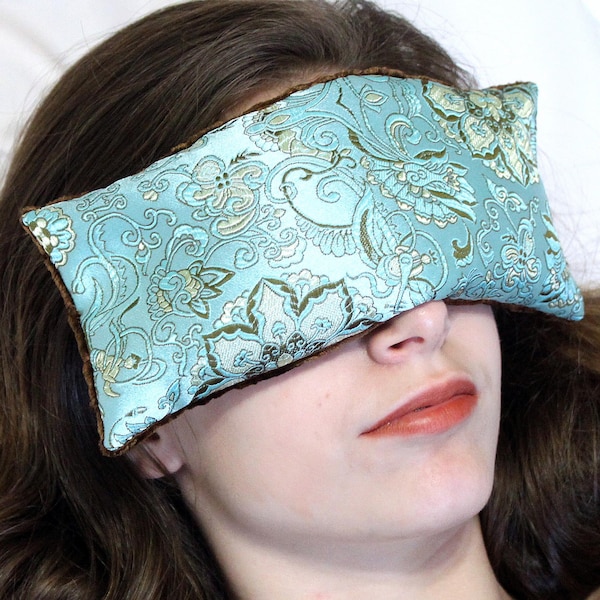 Handmade Eye Pillow - Yoga/Therapy - Microwavable - Flax Seed Fill - Satin Brocade/Crushed Velvet - Optional Lavender Scent - Blue Lagoon