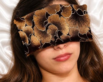 Almofada para os olhos Luxe Serenity - Seda e veludo - Feita à mão nos EUA - Relaxamento, ioga, meditação, aromaterapia - Lavanda opcional - Ginkgo de chocolate