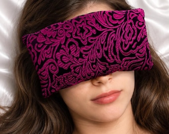 Almofada para os olhos Luxe Serenity - Seda e veludo - Feita à mão nos EUA - Relaxamento, ioga, meditação, aromaterapia - Lavanda opcional - Desenho magenta