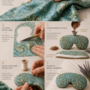 May include: A five-step instructional graphic showing the creation of a teal eye mask with a floral pattern. It displays fabric selection, hand-cutting with scissors, filling with flaxseed or poly fill, hand-stitching, and the finished product.
