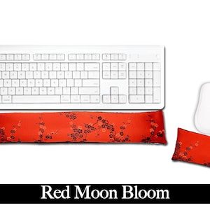 Handmade Ergonomic Keyboard and Mouse Wrist Rest - Desktop Mac Laptop - Flax Seed Fill/Optional Scent - Satin/Velvet - Red Moon Bloom