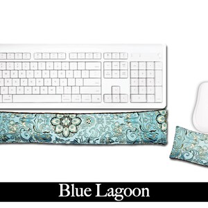 Handmade Ergonomic Keyboard and Mouse Wrist Rest - Desktop Mac Laptop - Flax Seed Fill/Optional Scent - Satin / Velvet - Blue Lagoon
