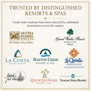 May include: A white informational graphic with gold borders featuring the text TRUSTED BY DISTINGUISHED RESORTS & SPAS and Candi Andi creations have been selected by celebrated destinations across the country, followed by eight resort and spa logos.