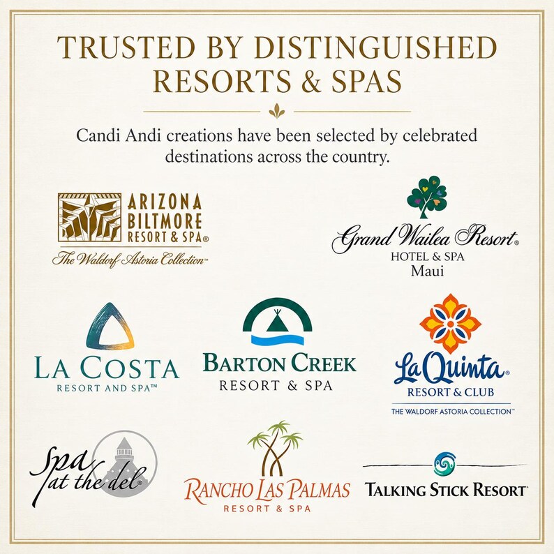 May include: A white informational graphic with gold borders featuring the text TRUSTED BY DISTINGUISHED RESORTS & SPAS and Candi Andi creations have been selected by celebrated destinations across the country, followed by eight resort and spa logos.