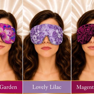 May include: Three sleep masks featuring distinct patterns. The first is a fuchsia and purple floral print labeled Fuchsia Garden. The second is a light purple floral print labeled Lovely Lilac. The third is a black and magenta swirl print labeled Magenta Doodle.