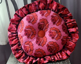 Round Pillow Floral with Ruffle and Center Button - Pink Orange and Purple Vintage Repurposed Cotton Print