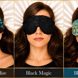 May include: Three sleep masks shown in a row. The first is black with a teal floral and bird pattern labeled Birds in Paradise. The second is solid black with a textured surface labeled Black Magic. The third is teal with a floral pattern labeled Blue Lagoon.