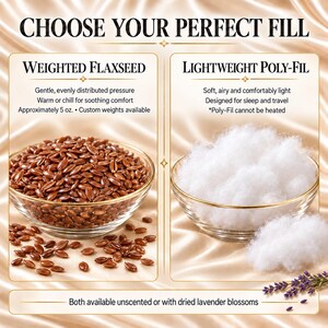 May include: An informational graphic titled CHOOSE YOUR PERFECT FILL comparing two options. The left side shows brown flaxseeds in a glass bowl labeled WEIGHTED FLAXSEED, 5 oz. The right side shows white poly-fil in a glass bowl labeled LIGHTWEIGHT POLY-FIL.