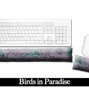 Handmade Ergonomic Keyboard and Mouse Wrist Rest  - Desktop Mac Laptop - Flax Seed Fill/Optional Scent - Satin/Velvet - Birds in Paradise